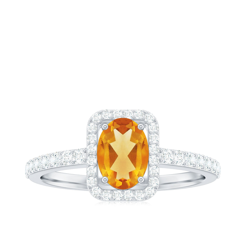 Real 6X8mm Yellow Citrine Oval Engagement Ring with Moissanite Halo