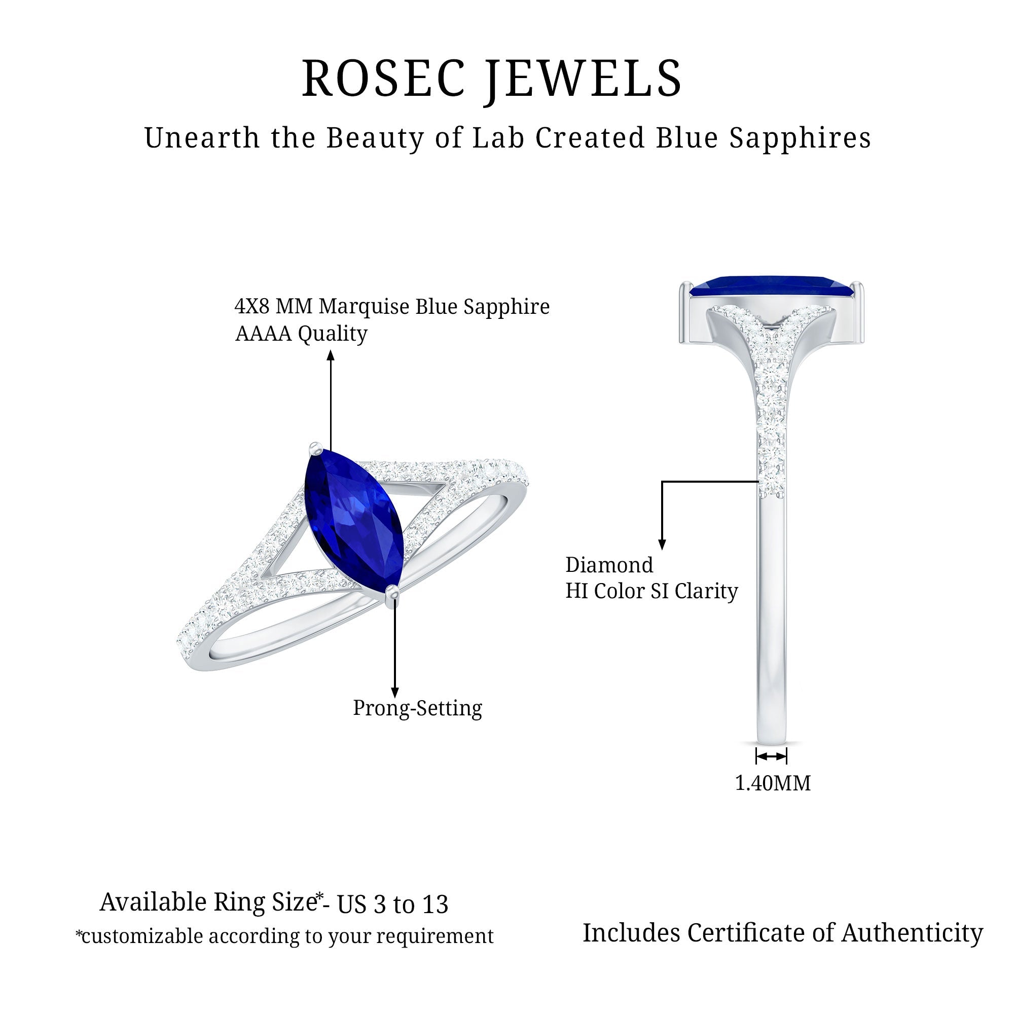 Marquise Cut Created Blue Sapphire and Diamond Ring with Split Shank