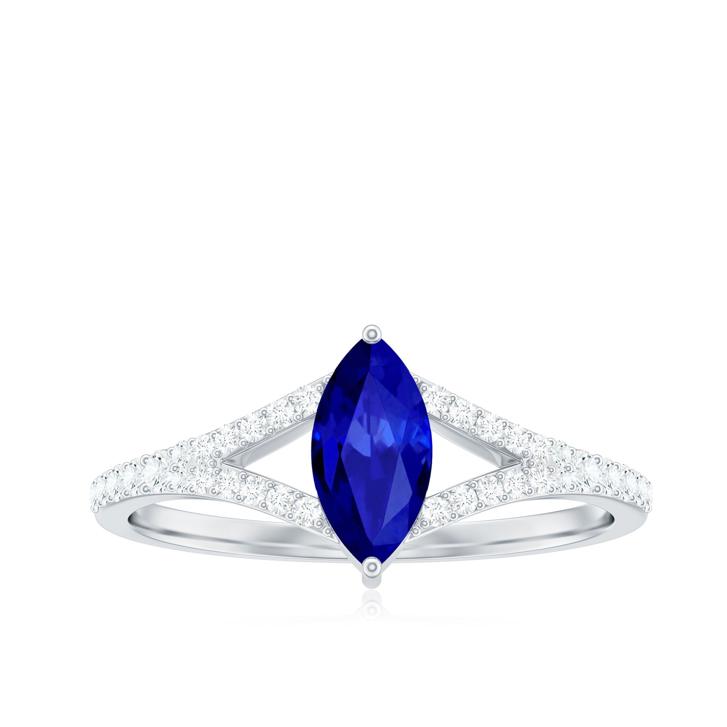 Marquise Cut Created Blue Sapphire and Diamond Ring with Split Shank