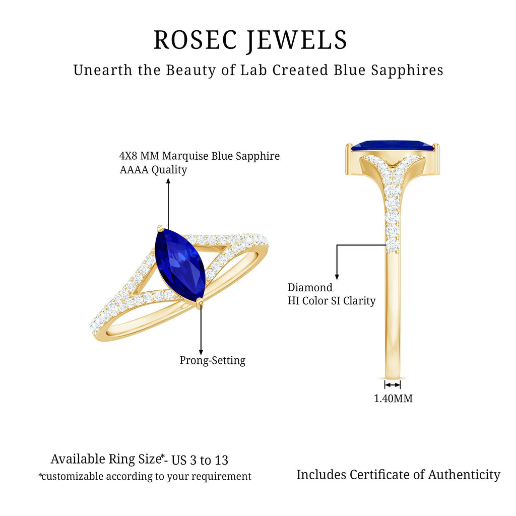Marquise Cut Created Blue Sapphire and Diamond Ring with Split Shank