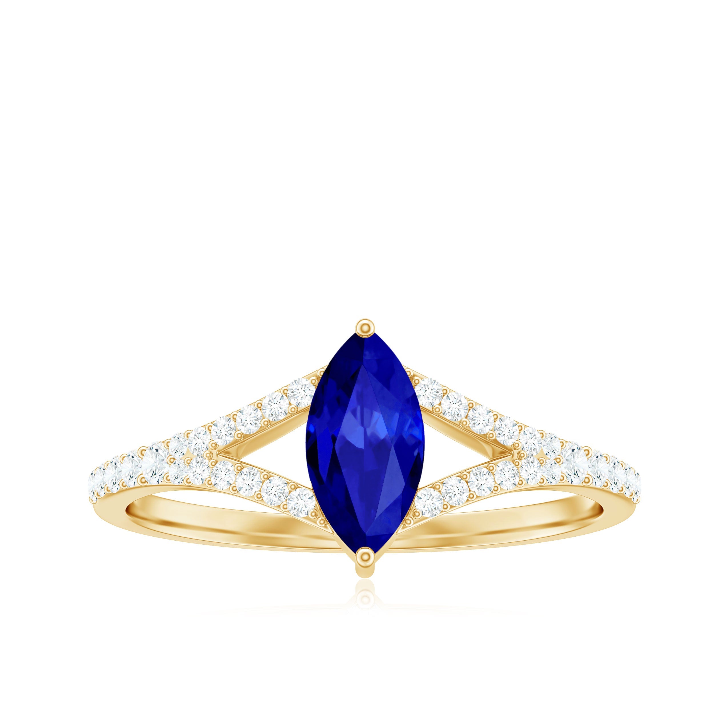 Marquise Cut Created Blue Sapphire and Diamond Ring with Split Shank