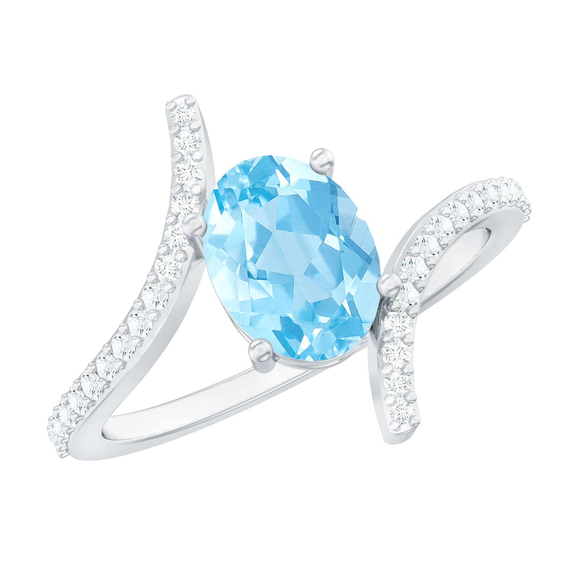 Real 6X8mm Aquamarine Oval Engagement Ring with Diamond Bypass Shank