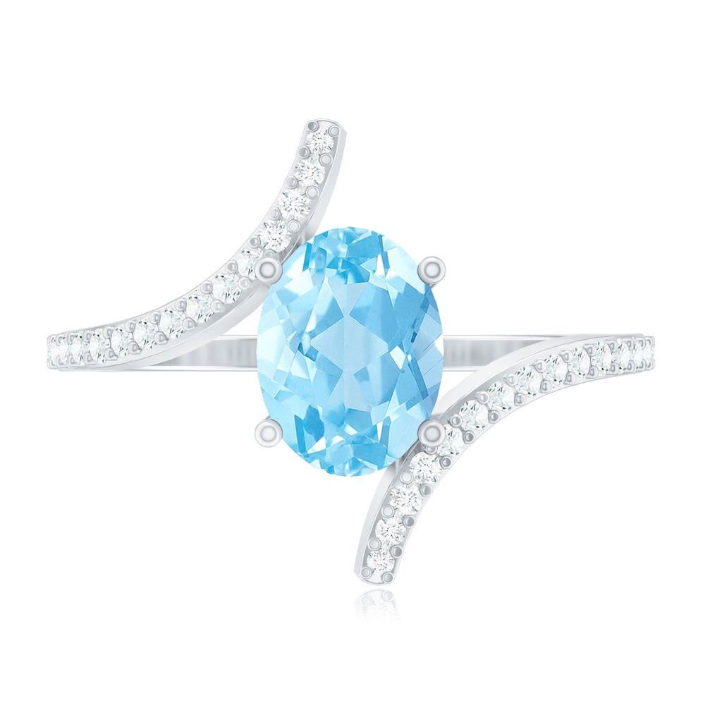 Real 6X8mm Aquamarine Oval Engagement Ring with Diamond Bypass Shank