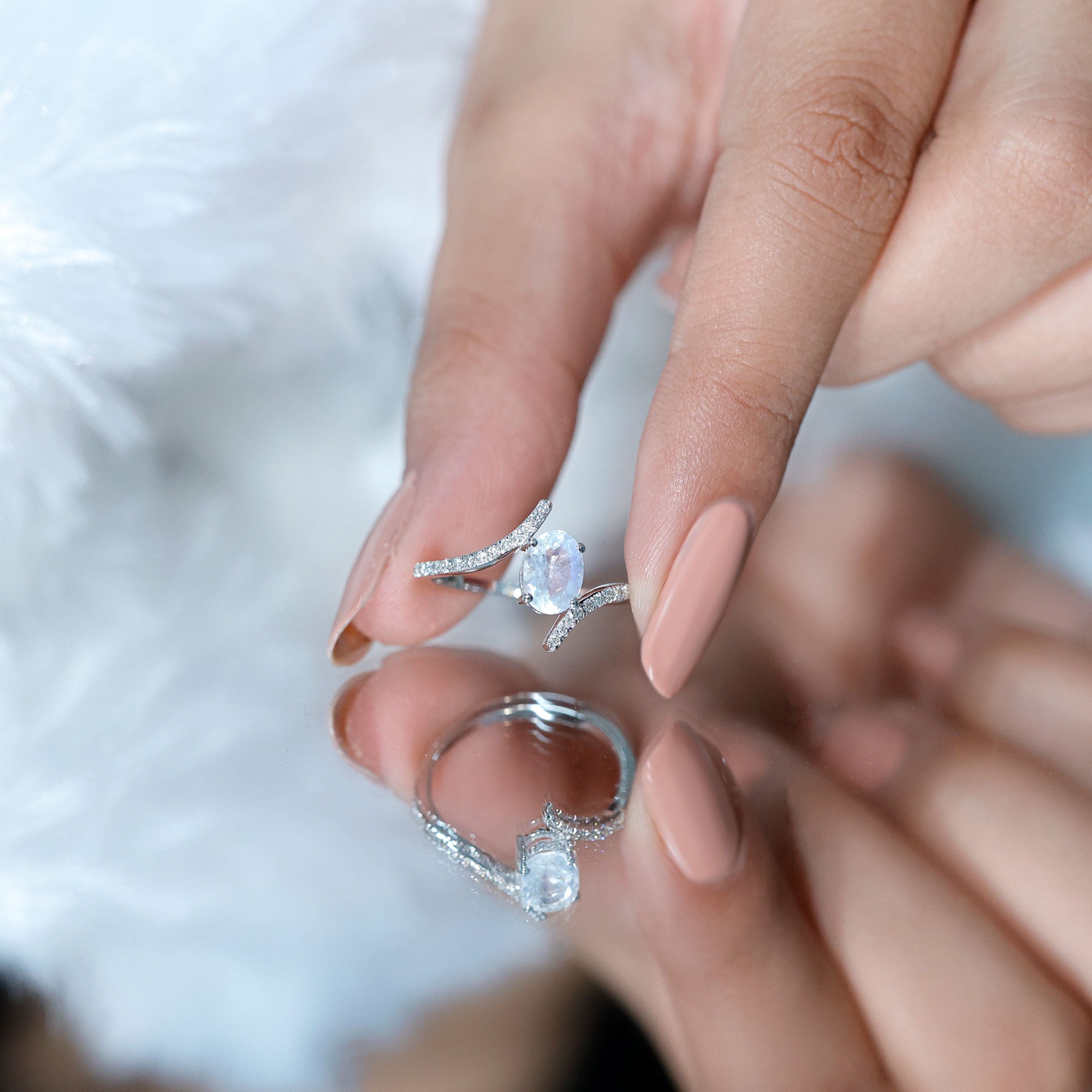 1.50 CT Oval Moonstone Solitaire Bypass Ring with Diamond