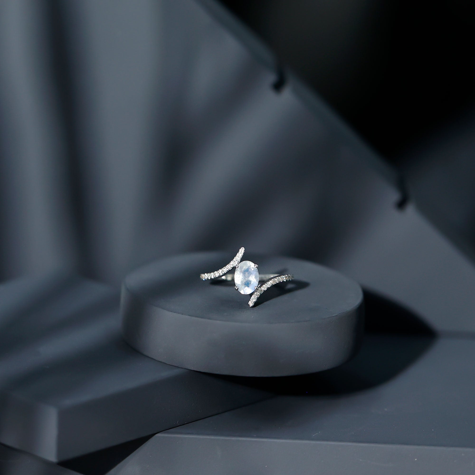 1.50 CT Oval Moonstone Solitaire Bypass Ring with Diamond