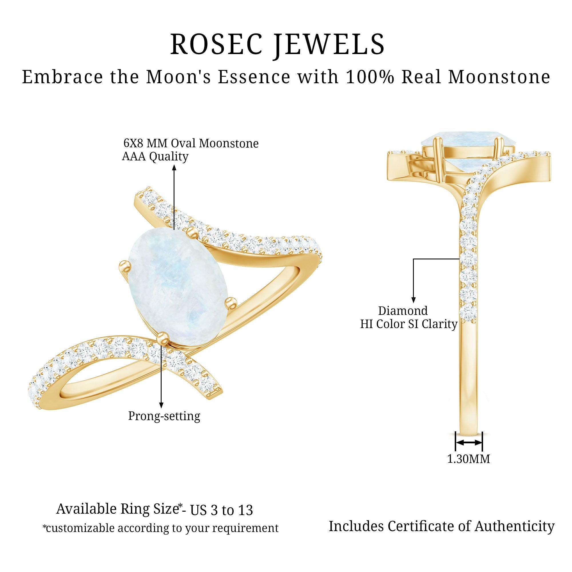 1.50 CT Oval Moonstone Solitaire Bypass Ring with Diamond