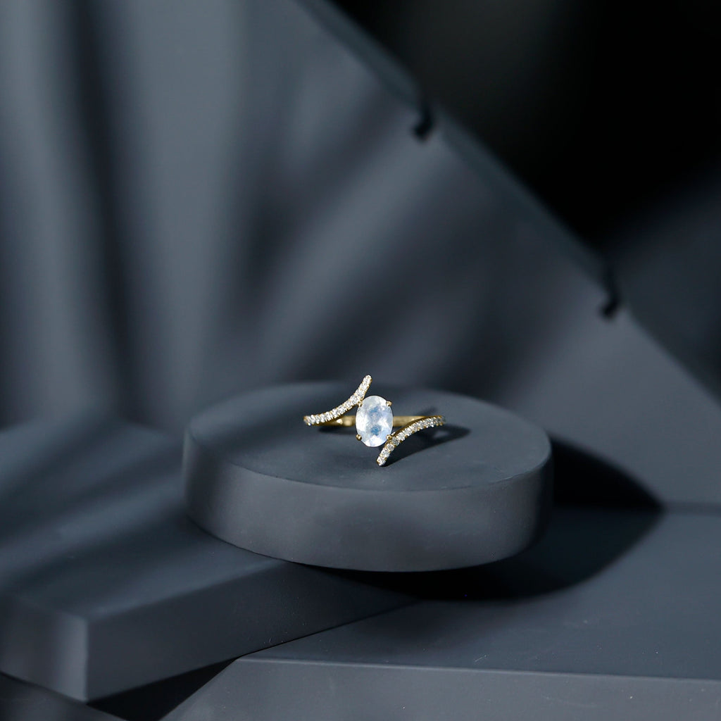 1.50 CT Oval Moonstone Solitaire Bypass Ring with Diamond