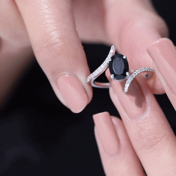 Certified Oval Cut Black Onyx Bypass Engagement Ring with Diamond