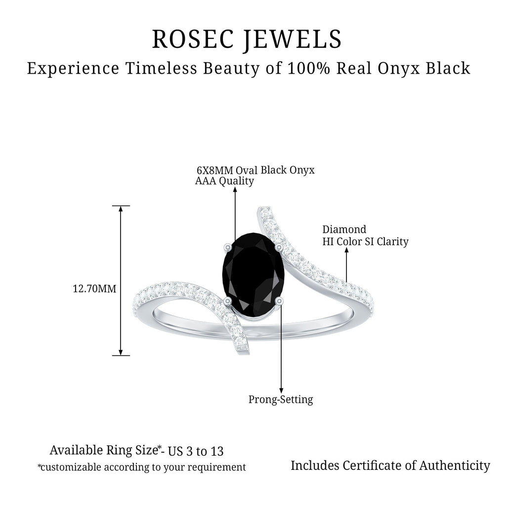 Certified Oval Cut Black Onyx Bypass Engagement Ring with Diamond
