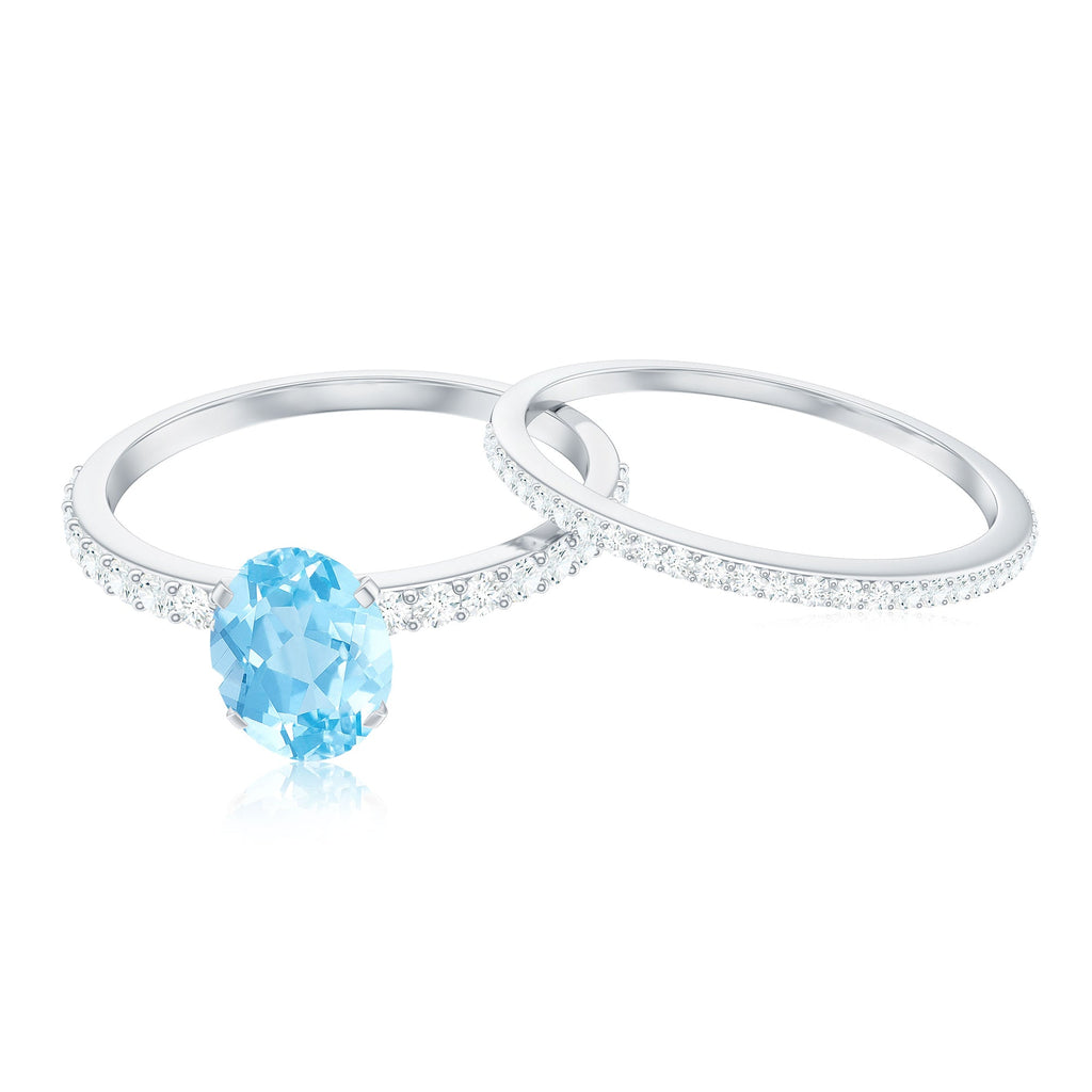 Natural Aquamarine Diamond Oval Engagement Ring with Wedding Band