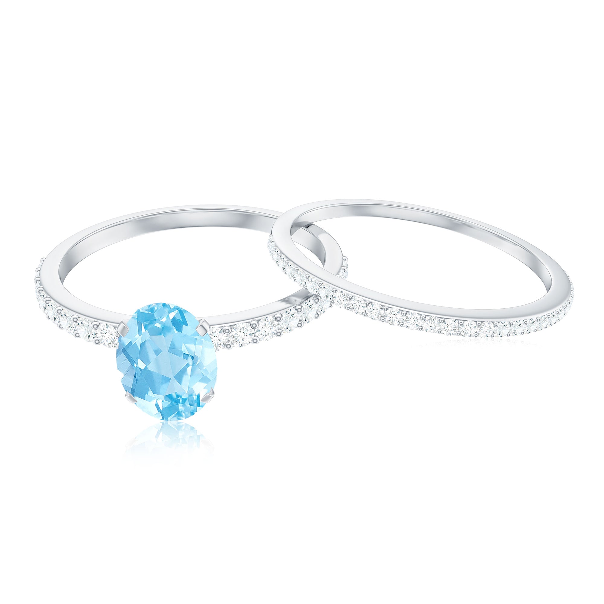 Natural Aquamarine Diamond Oval Engagement Ring with Wedding Band