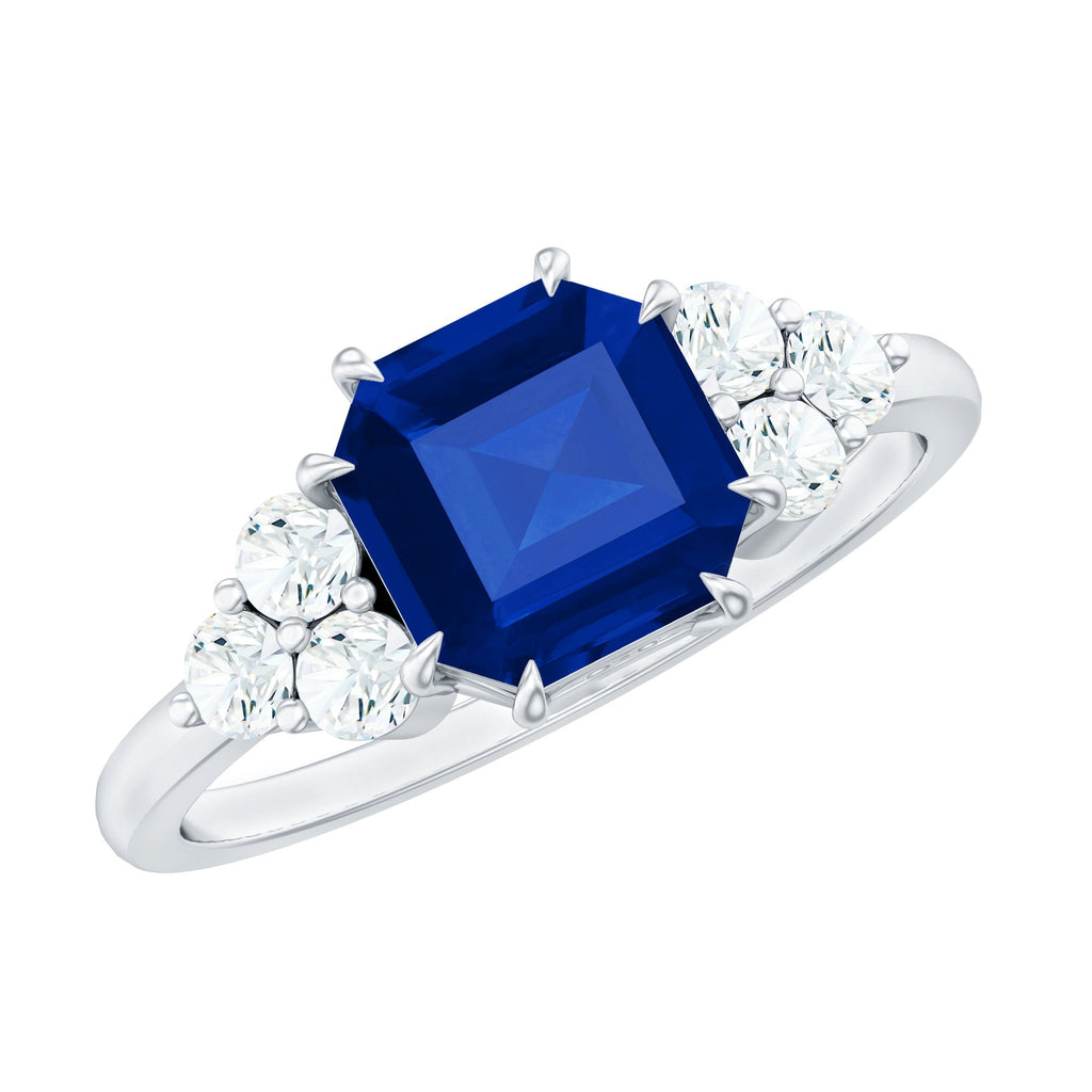 Asscher Cut Created Blue Sapphire Solitaire Engagement Ring with Diamond Trio