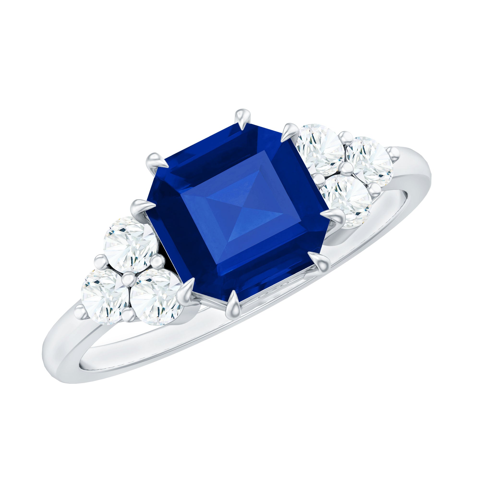 Asscher Cut Created Blue Sapphire Solitaire Engagement Ring with Diamond Trio