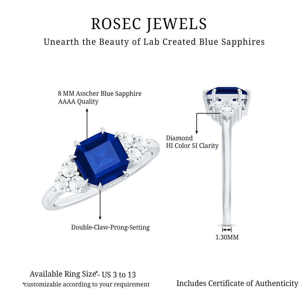 Asscher Cut Created Blue Sapphire Solitaire Engagement Ring with Diamond Trio