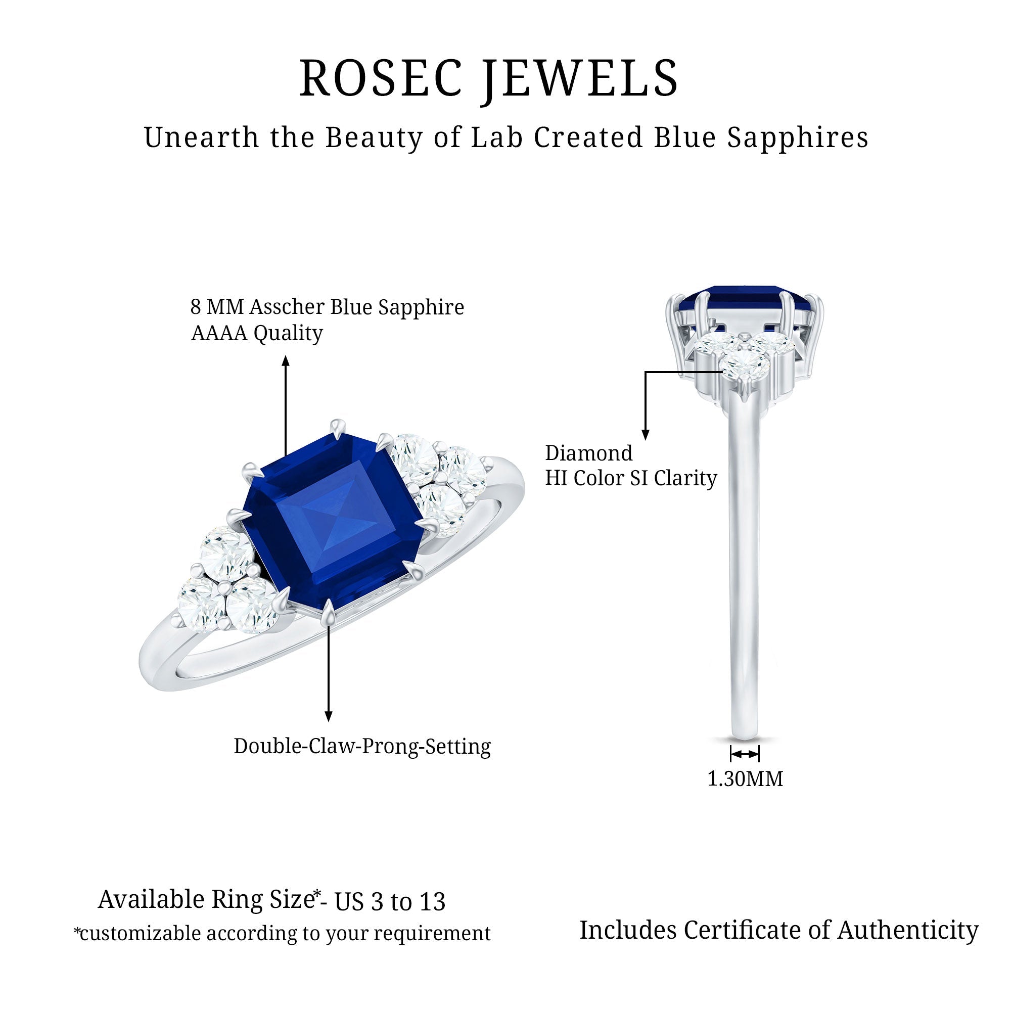 Asscher Cut Created Blue Sapphire Solitaire Engagement Ring with Diamond Trio