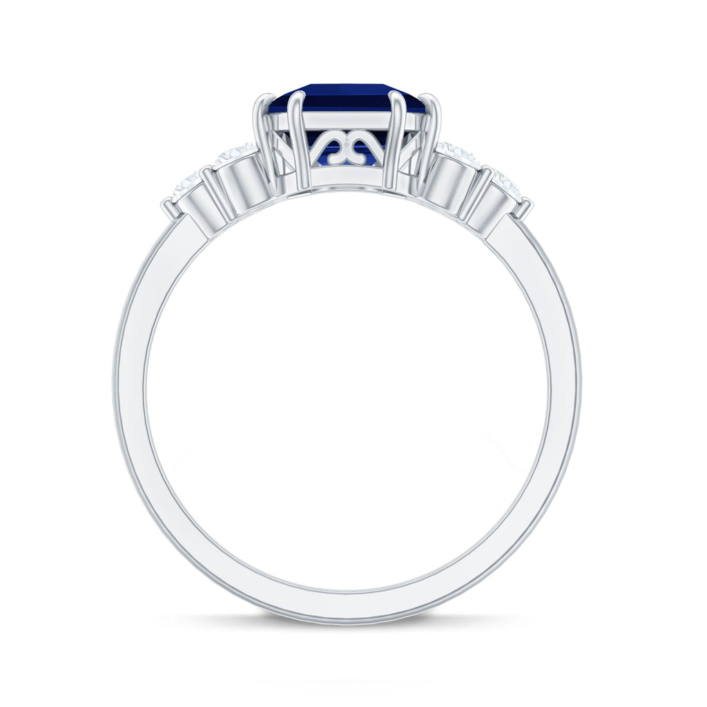 Asscher Cut Created Blue Sapphire Solitaire Engagement Ring with Diamond Trio