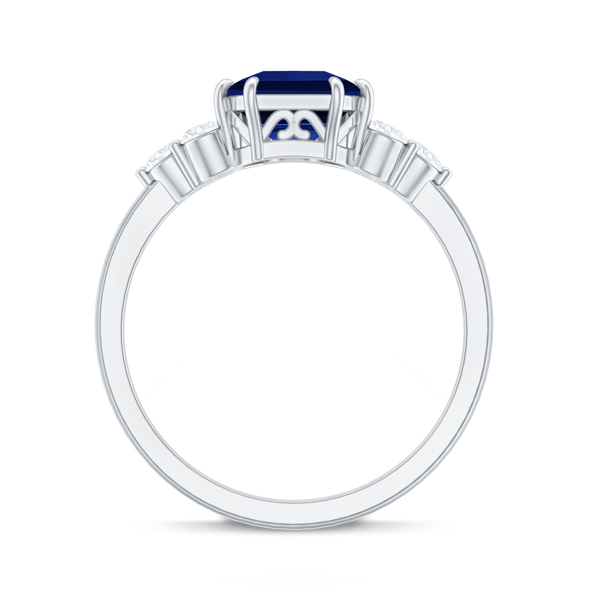 Asscher Cut Created Blue Sapphire Solitaire Engagement Ring with Diamond Trio