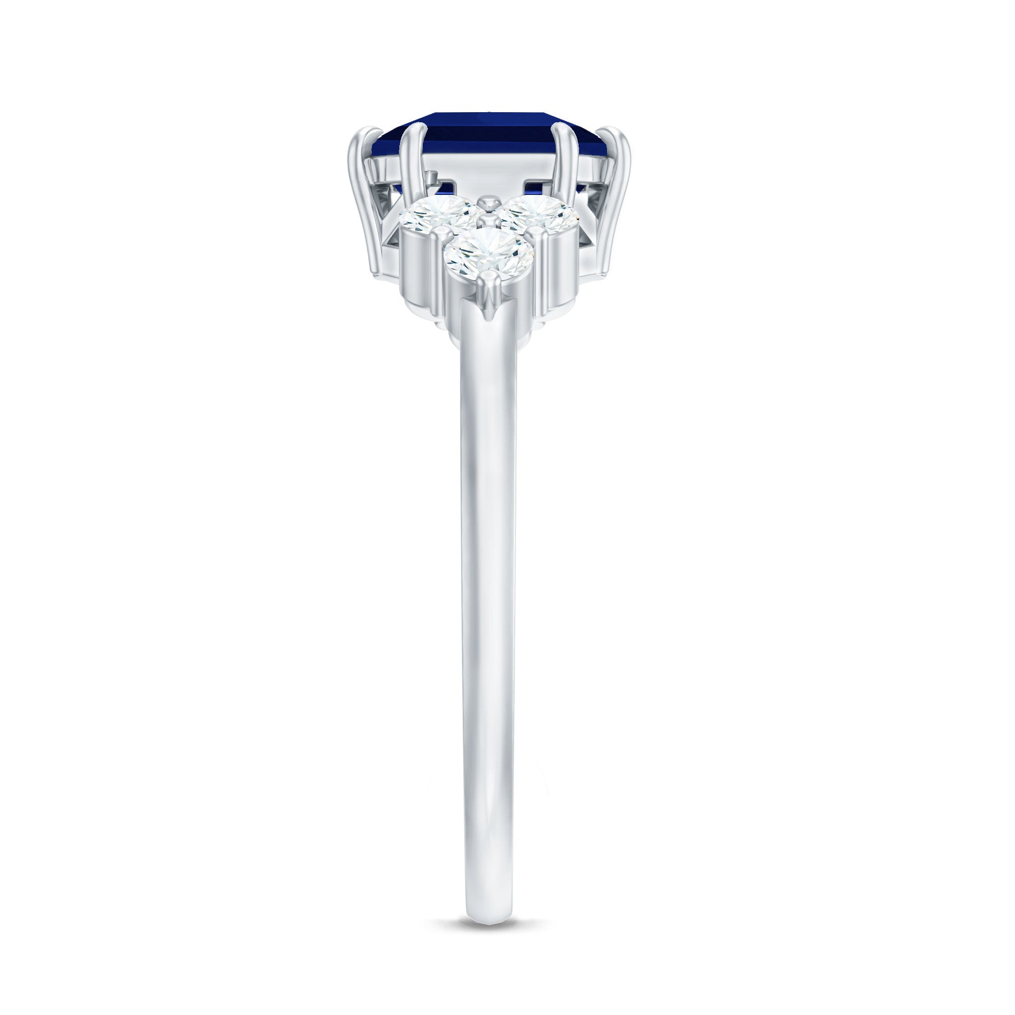 Asscher Cut Created Blue Sapphire Solitaire Engagement Ring with Diamond Trio