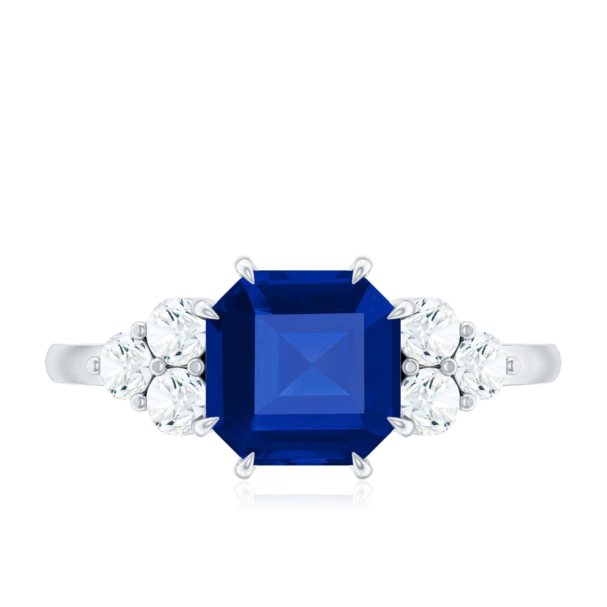 Asscher Cut Created Blue Sapphire Solitaire Engagement Ring with Diamond Trio