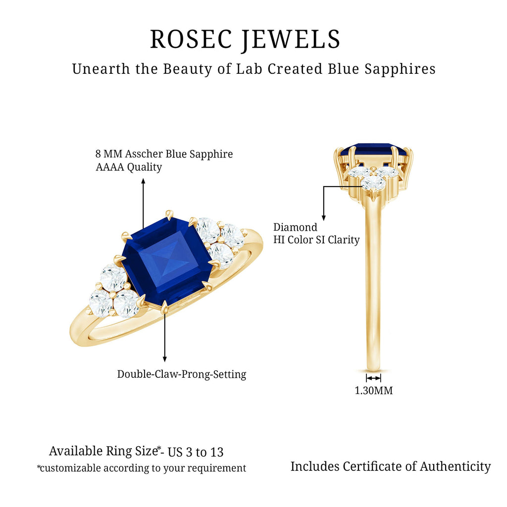 Asscher Cut Created Blue Sapphire Solitaire Engagement Ring with Diamond Trio