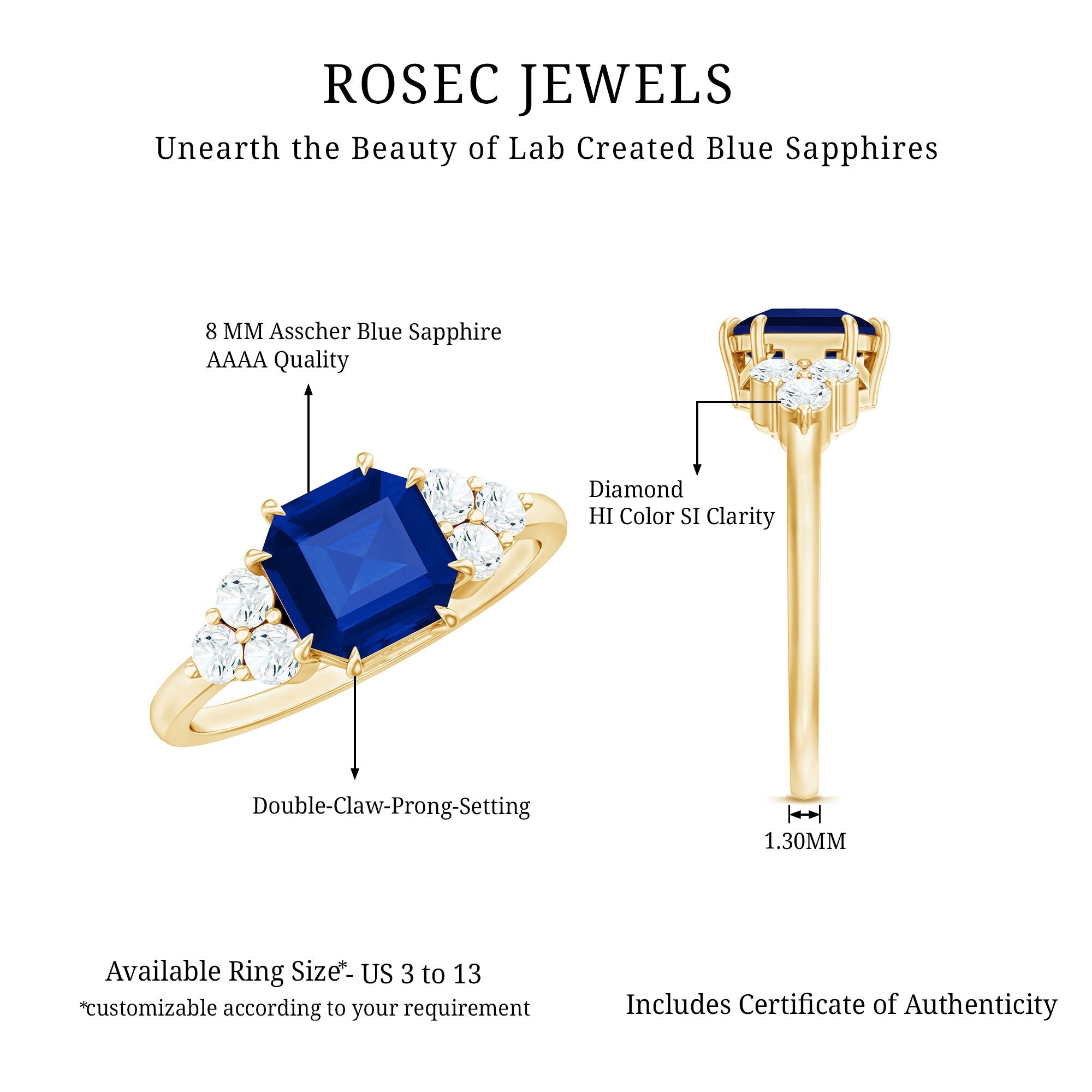 Asscher Cut Created Blue Sapphire Solitaire Engagement Ring with Diamond Trio