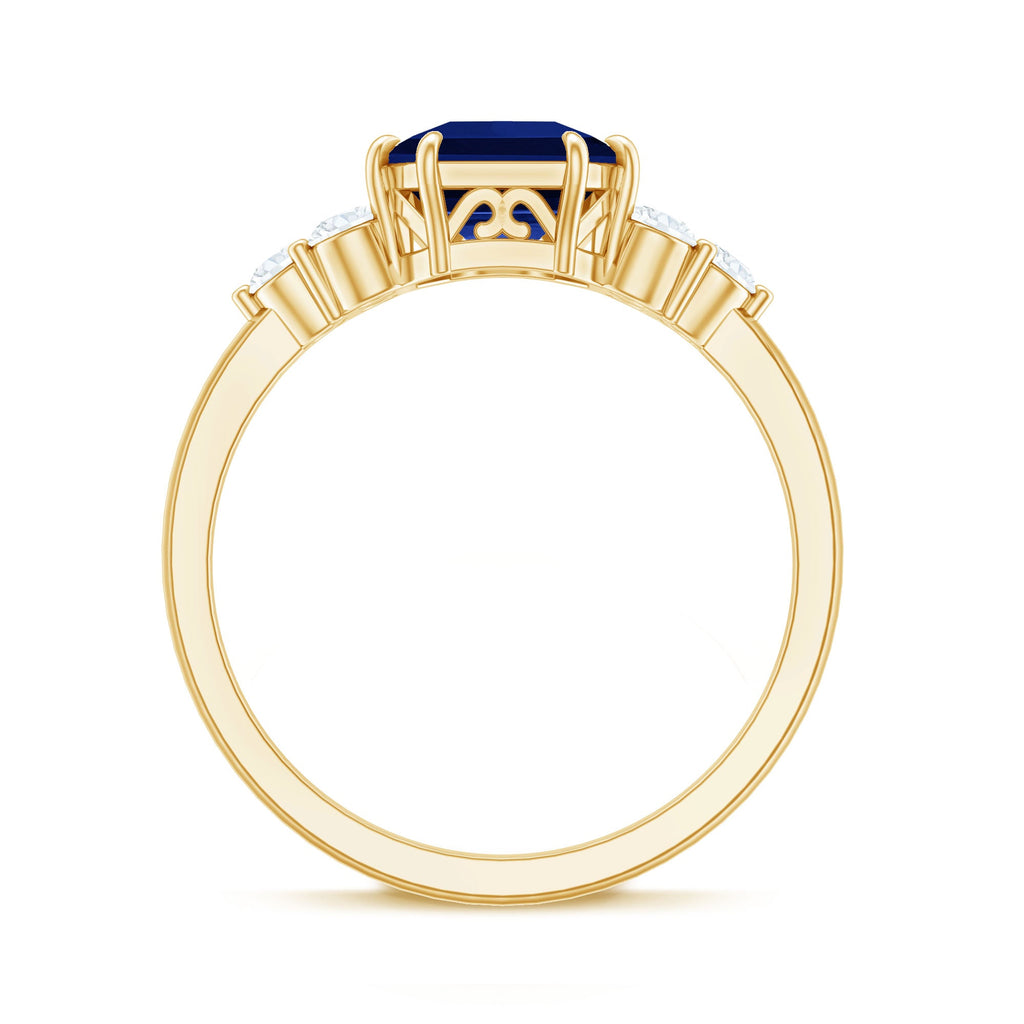 Asscher Cut Created Blue Sapphire Solitaire Engagement Ring with Diamond Trio