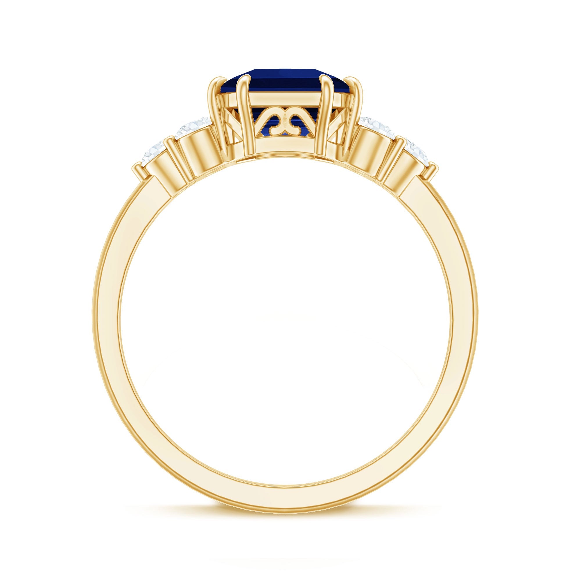 Asscher Cut Created Blue Sapphire Solitaire Engagement Ring with Diamond Trio
