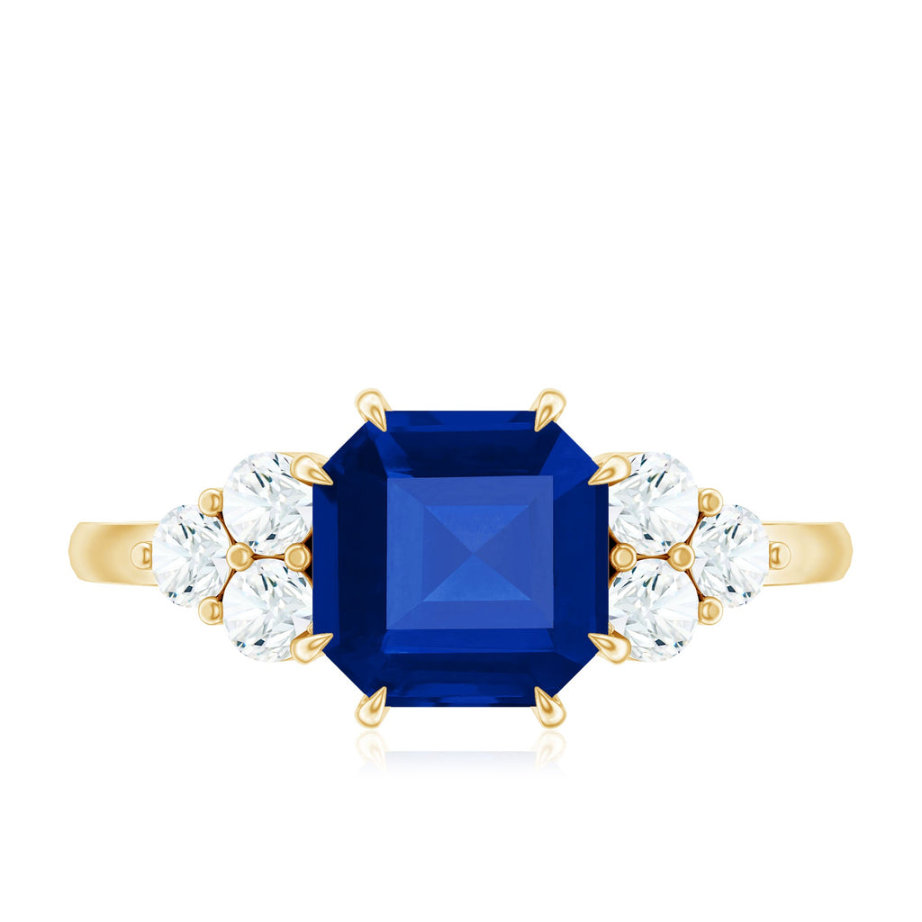 Asscher Cut Created Blue Sapphire Solitaire Engagement Ring with Diamond Trio