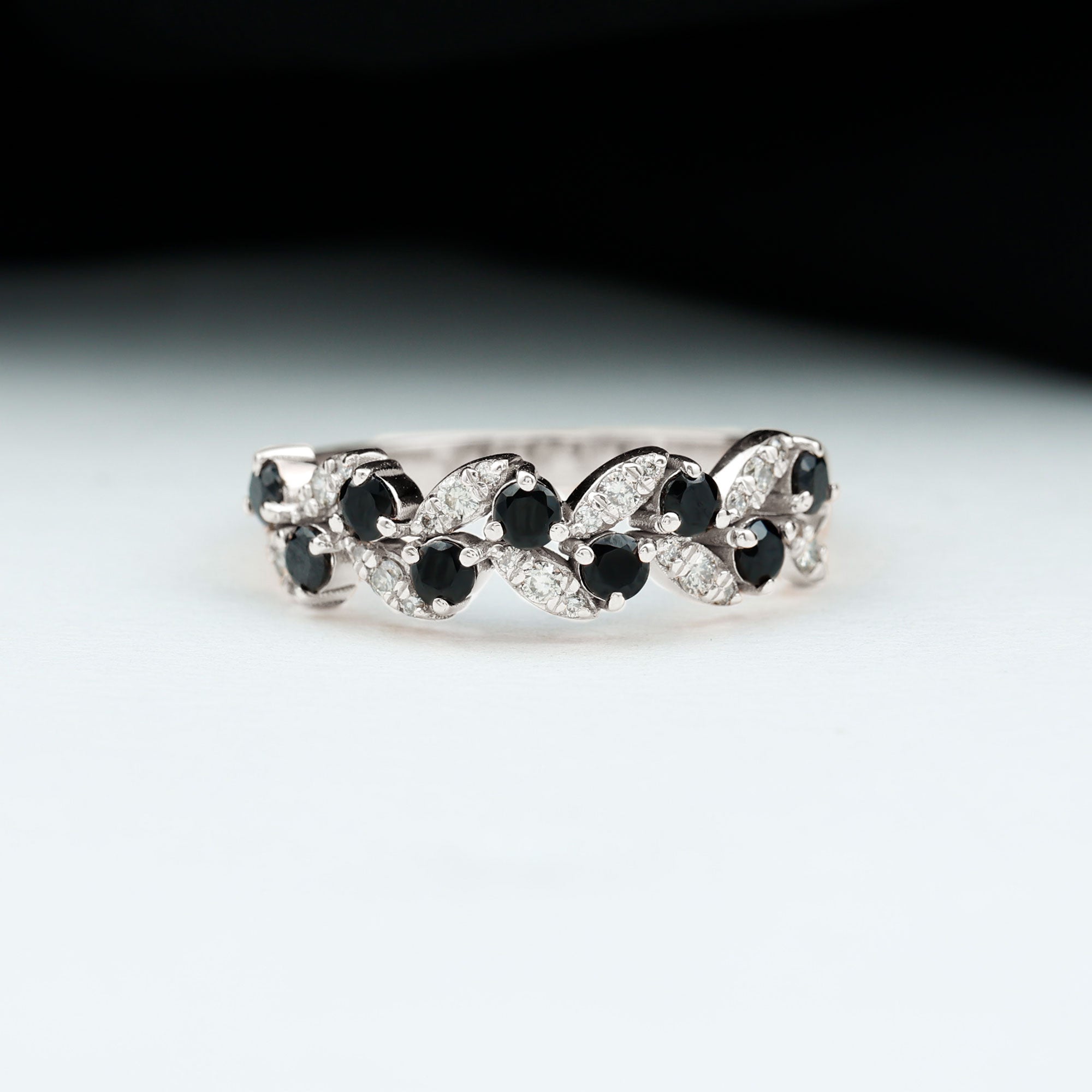 Created Black Diamond and Diamond Leaf Eternity Ring