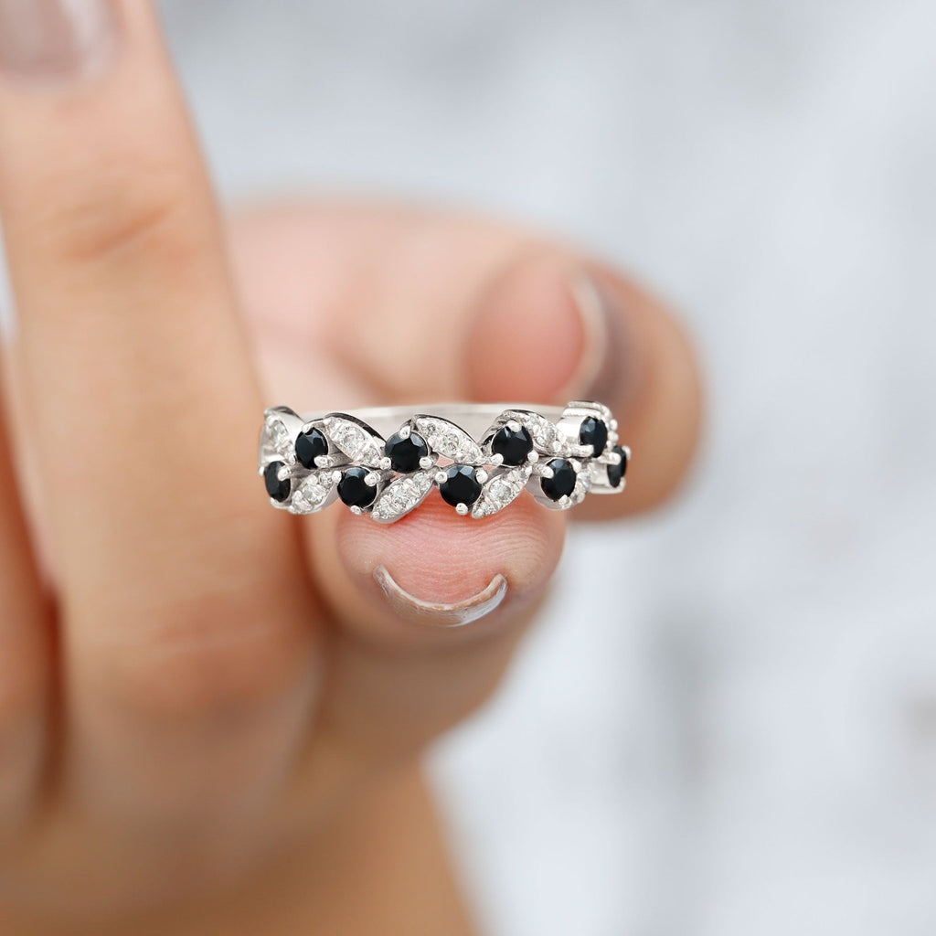 Created Black Diamond and Diamond Leaf Eternity Ring
