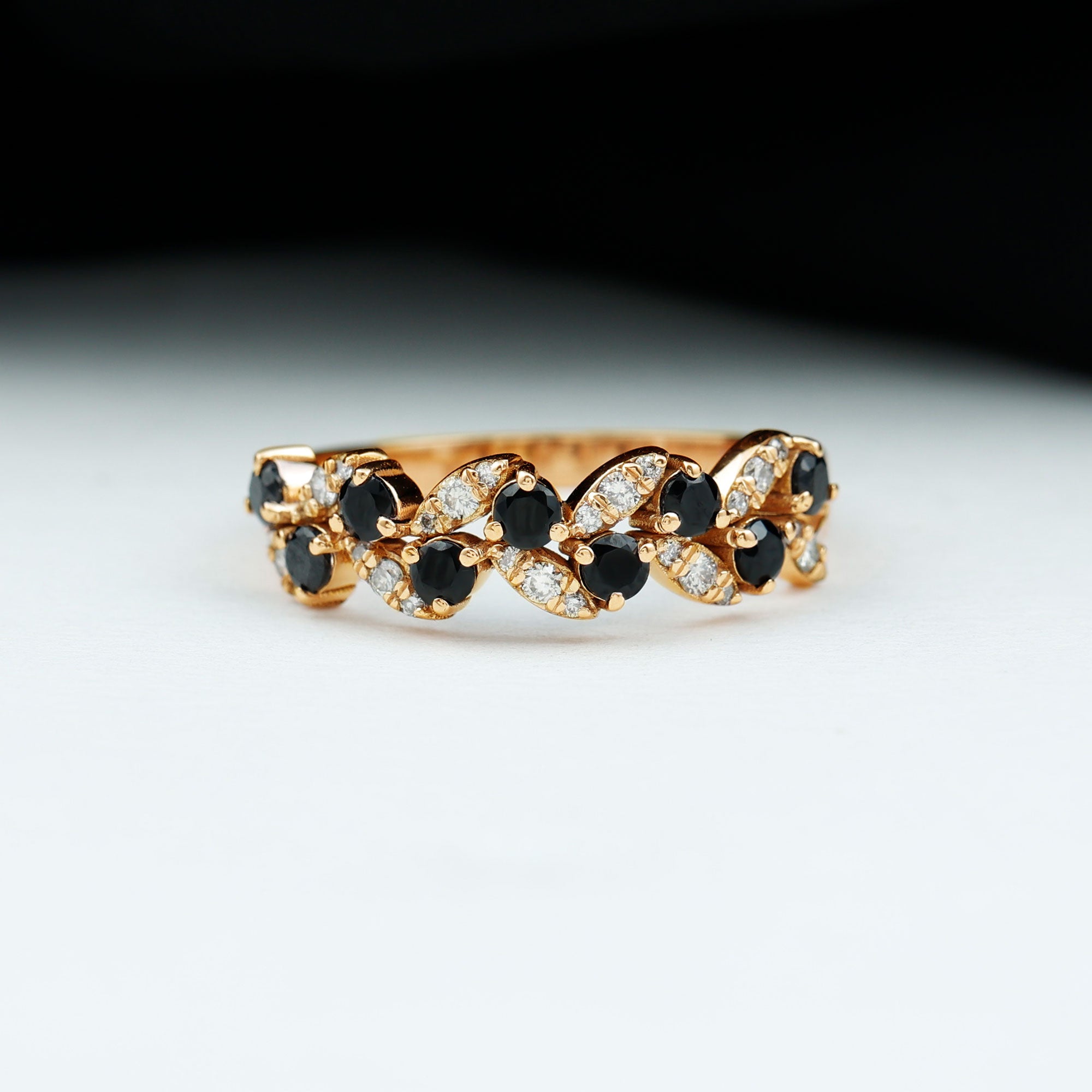 Created Black Diamond and Diamond Leaf Eternity Ring