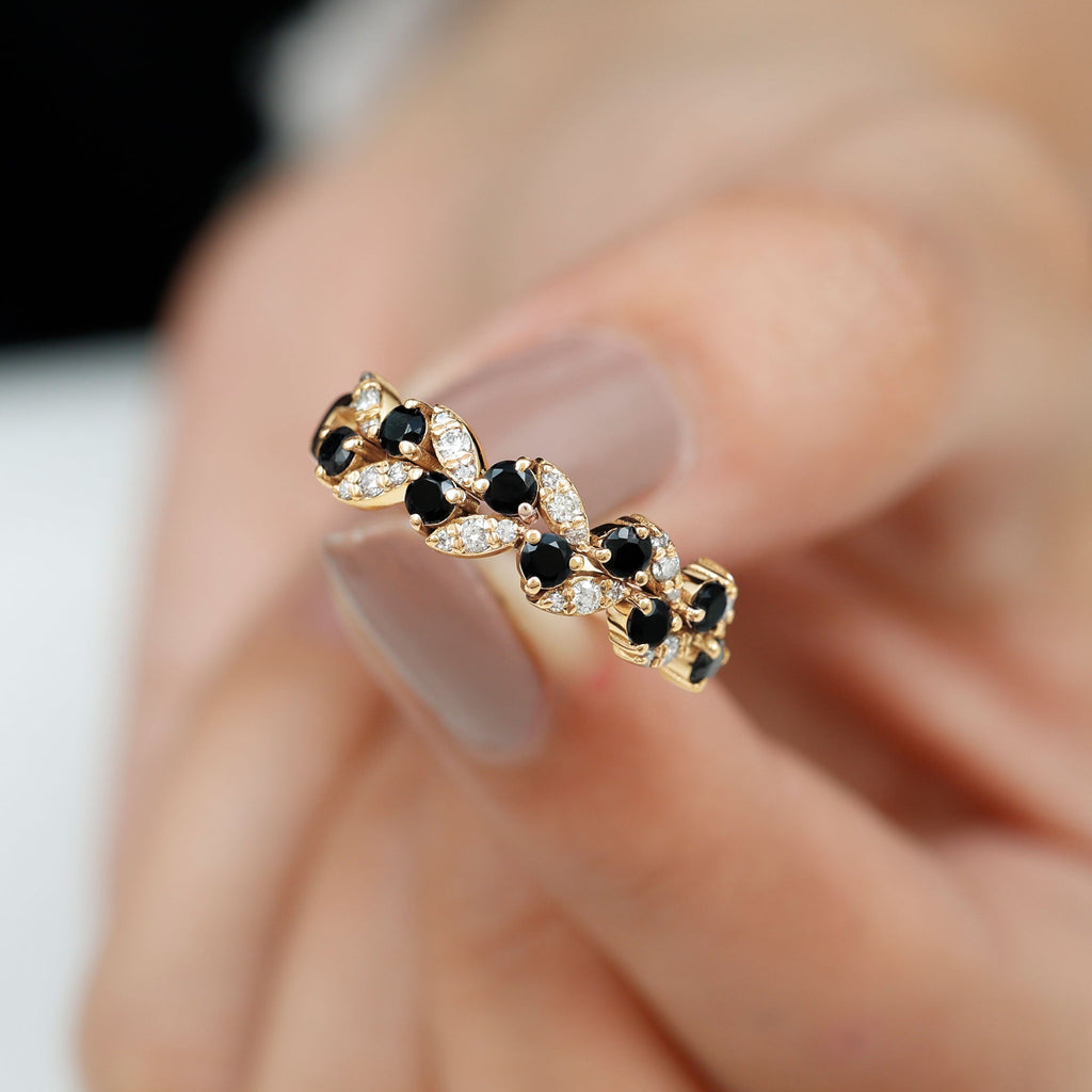 Created Black Diamond and Diamond Leaf Eternity Ring