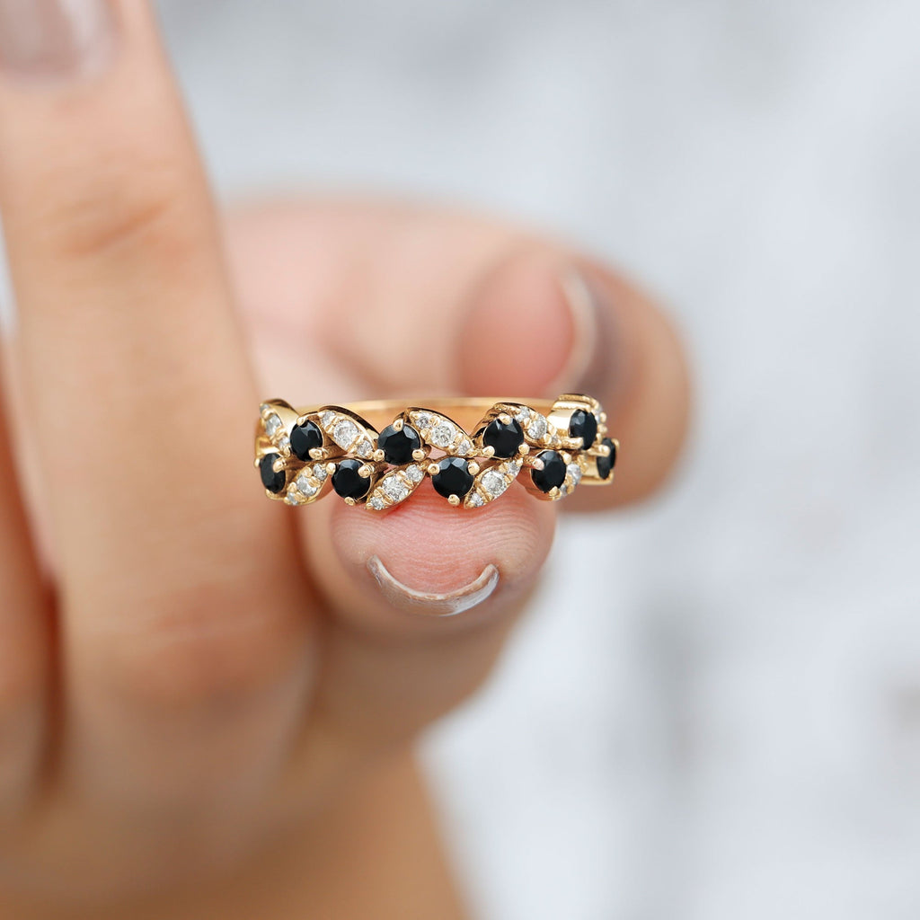 Created Black Diamond and Diamond Leaf Eternity Ring