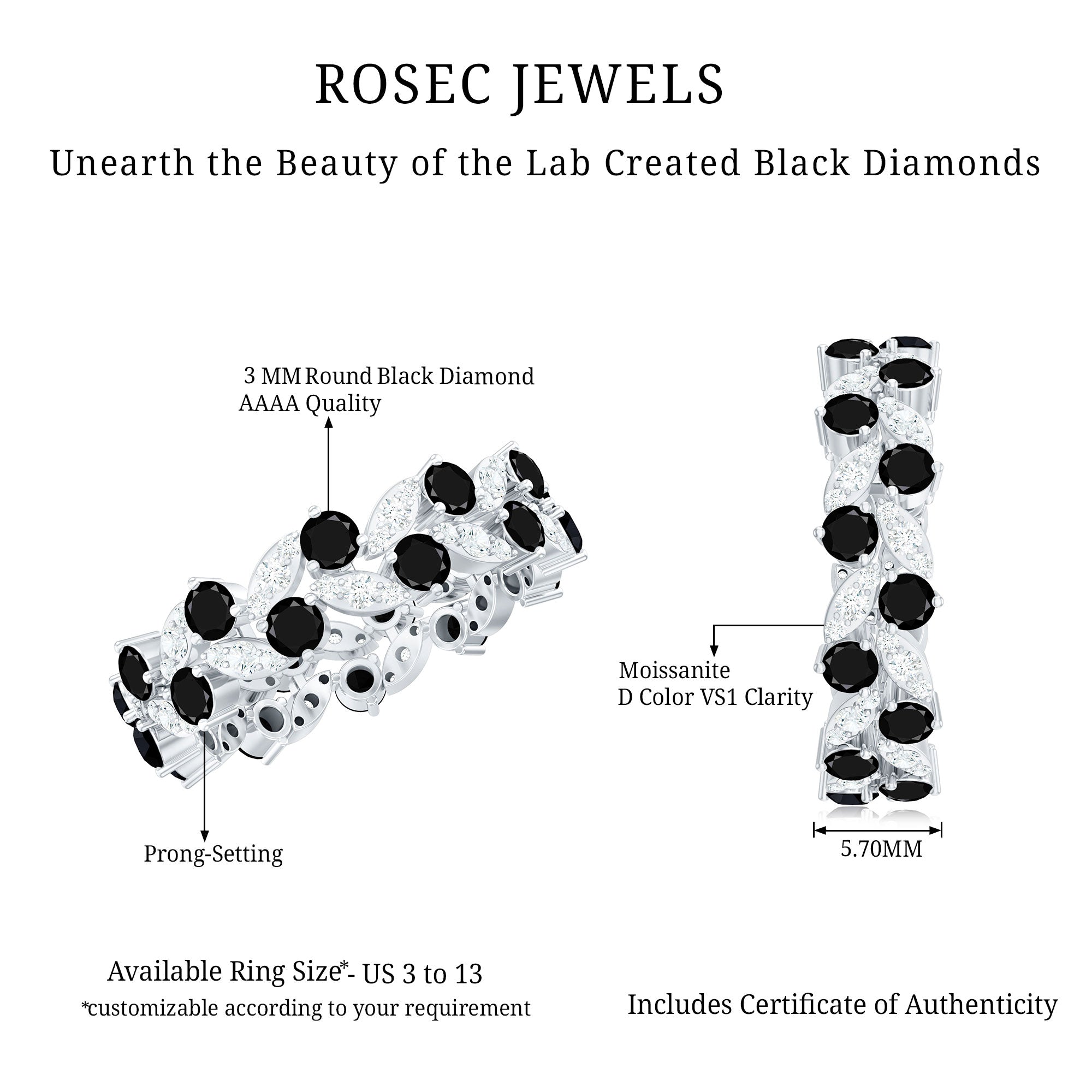 5 CT Created Black Diamond Leaf Eternity Ring with Moissanite