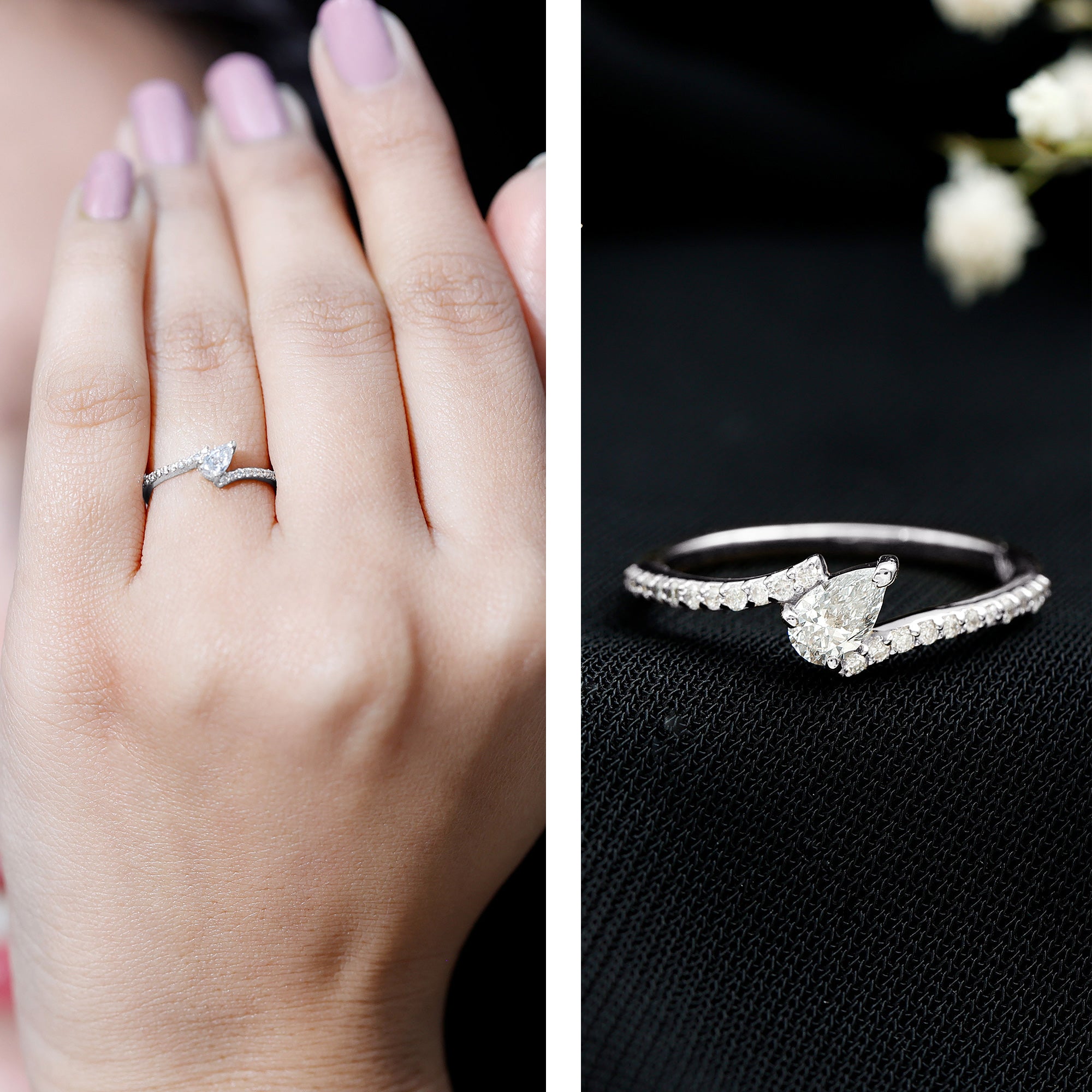 Tilted Pear Shape Simulated Diamond Bypass Promise Ring in Gold