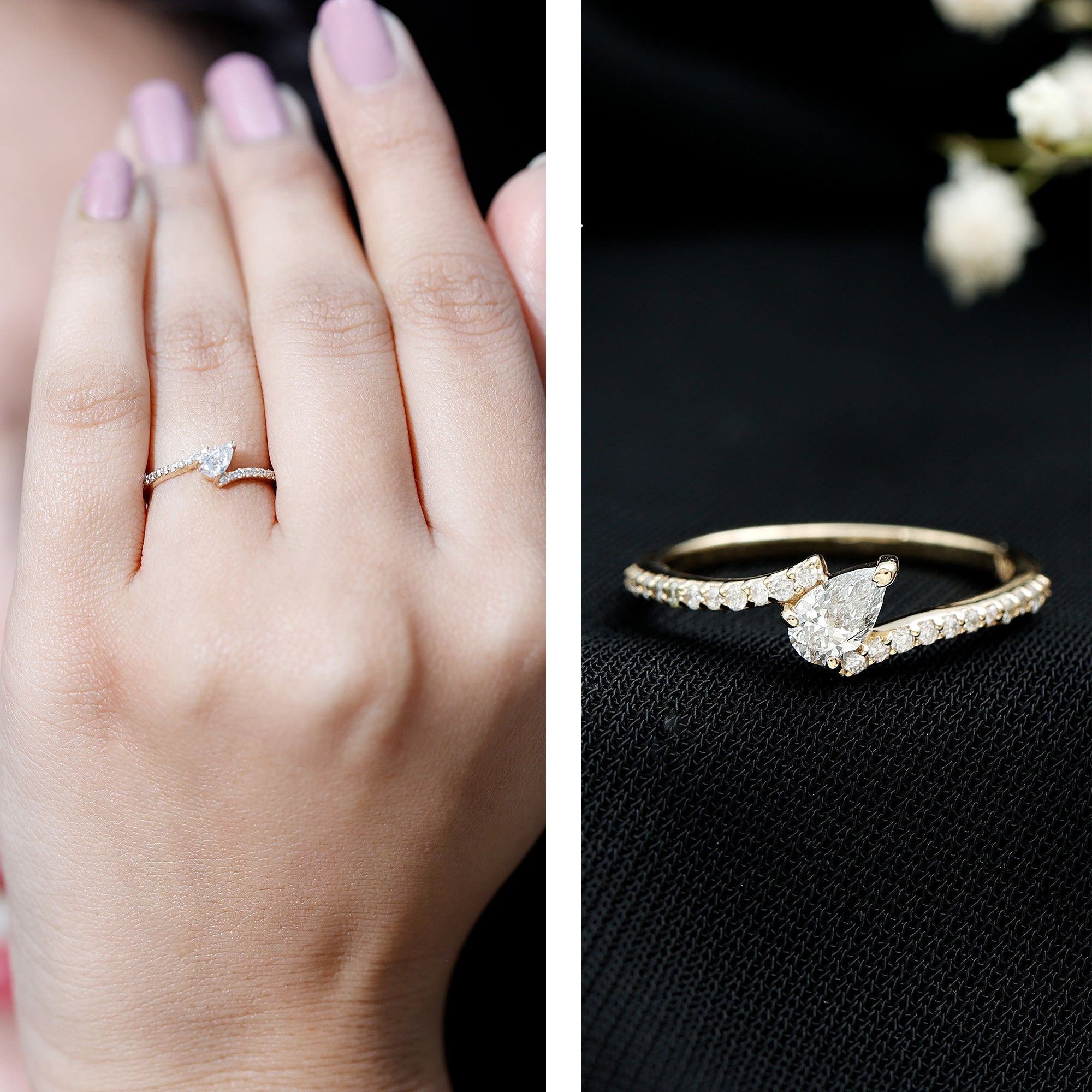 Tilted Pear Shape Simulated Diamond Bypass Promise Ring in Gold