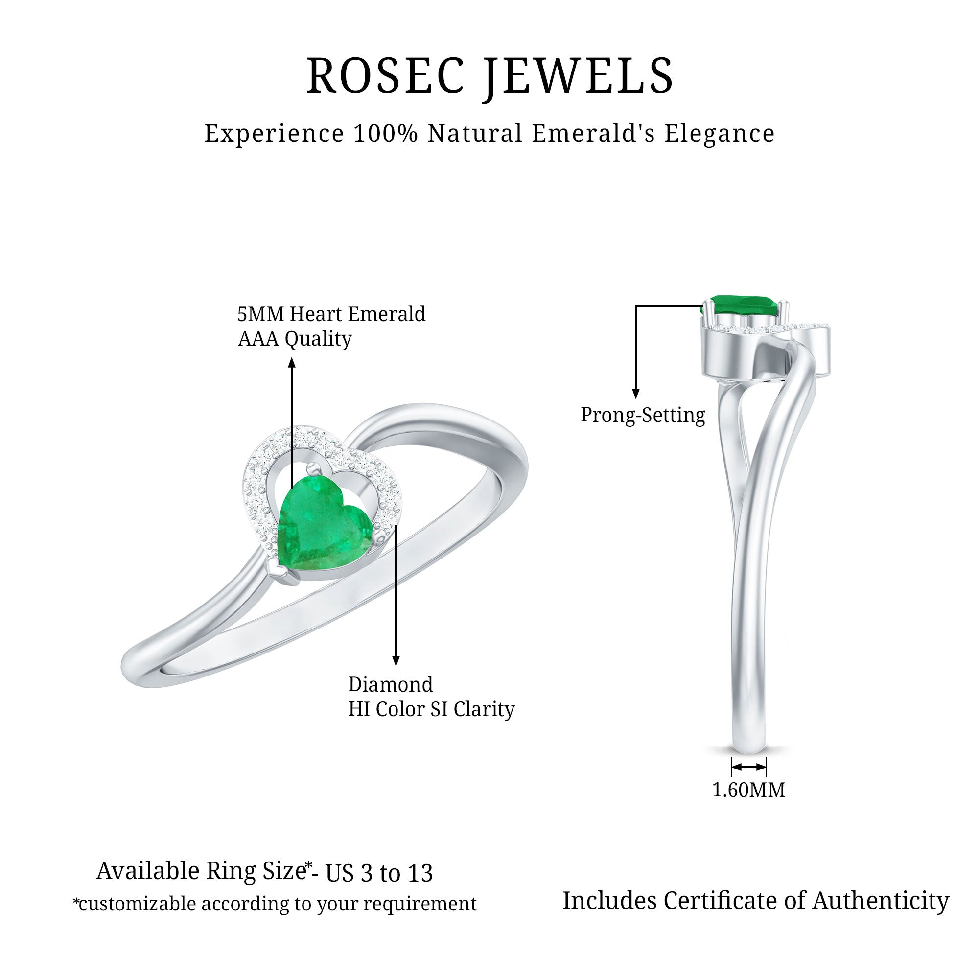 Certified Natural Emerald Heart Promise Ring with Diamond