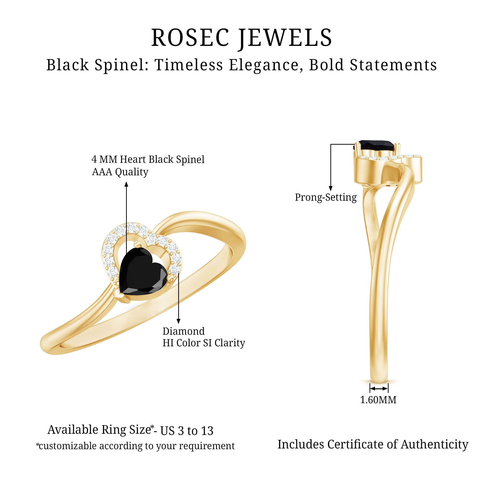 Natural Black Spinel Heart Promise Ring with Diamond