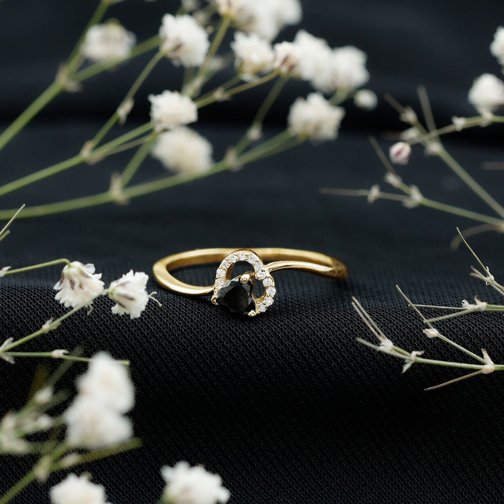 Natural Black Spinel Heart Promise Ring with Diamond