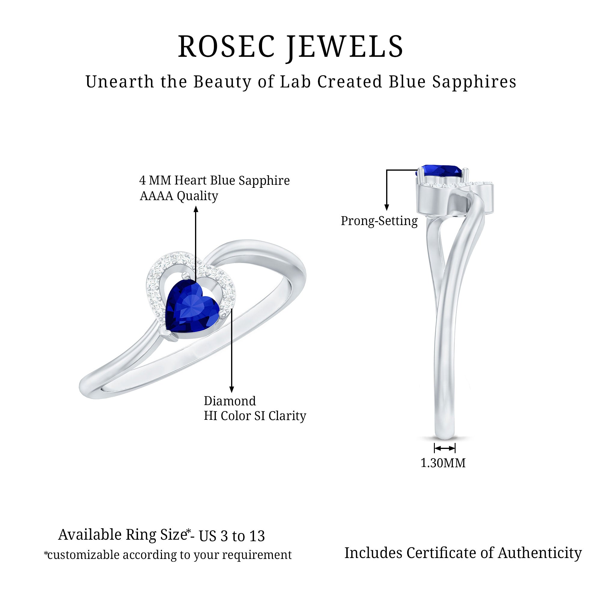 Heart Shape Created Blue Sapphire and Diamond Twisted Promise Ring