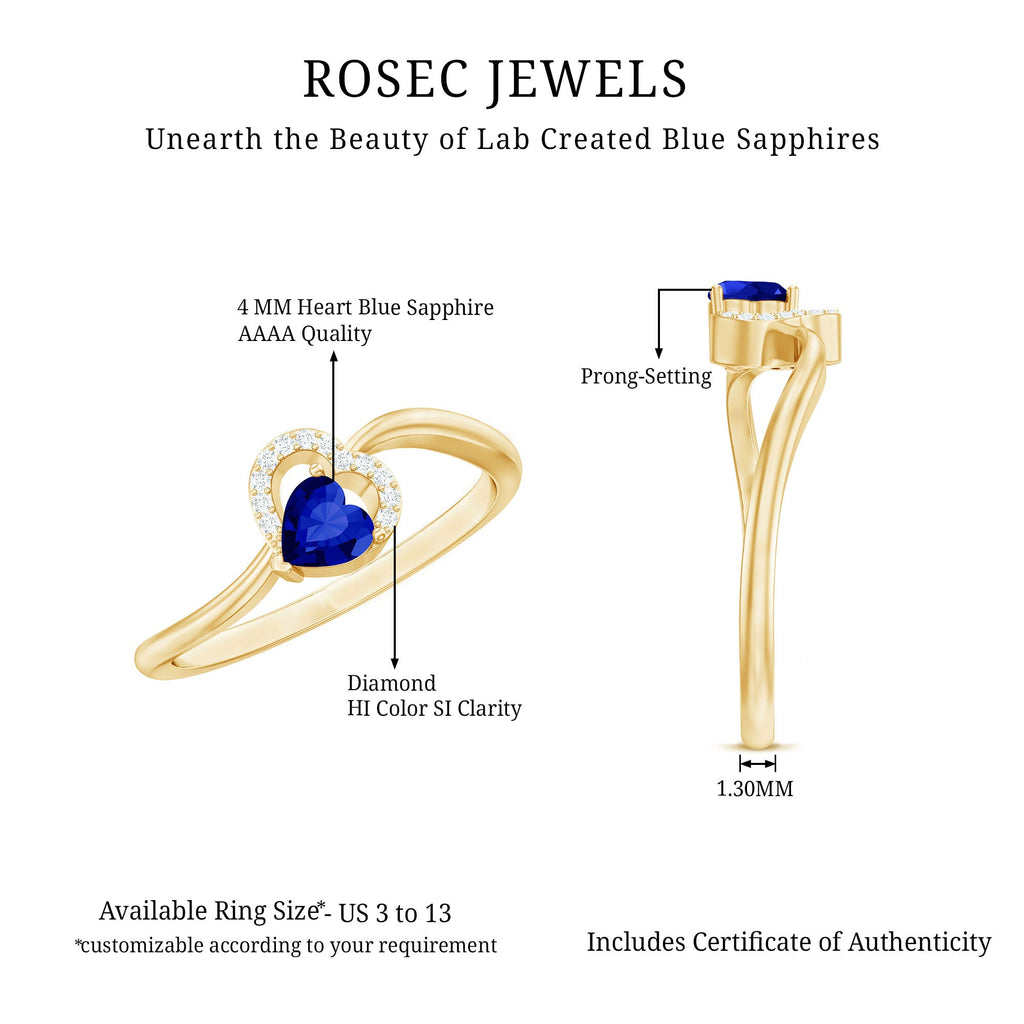 Heart Shape Created Blue Sapphire and Diamond Twisted Promise Ring