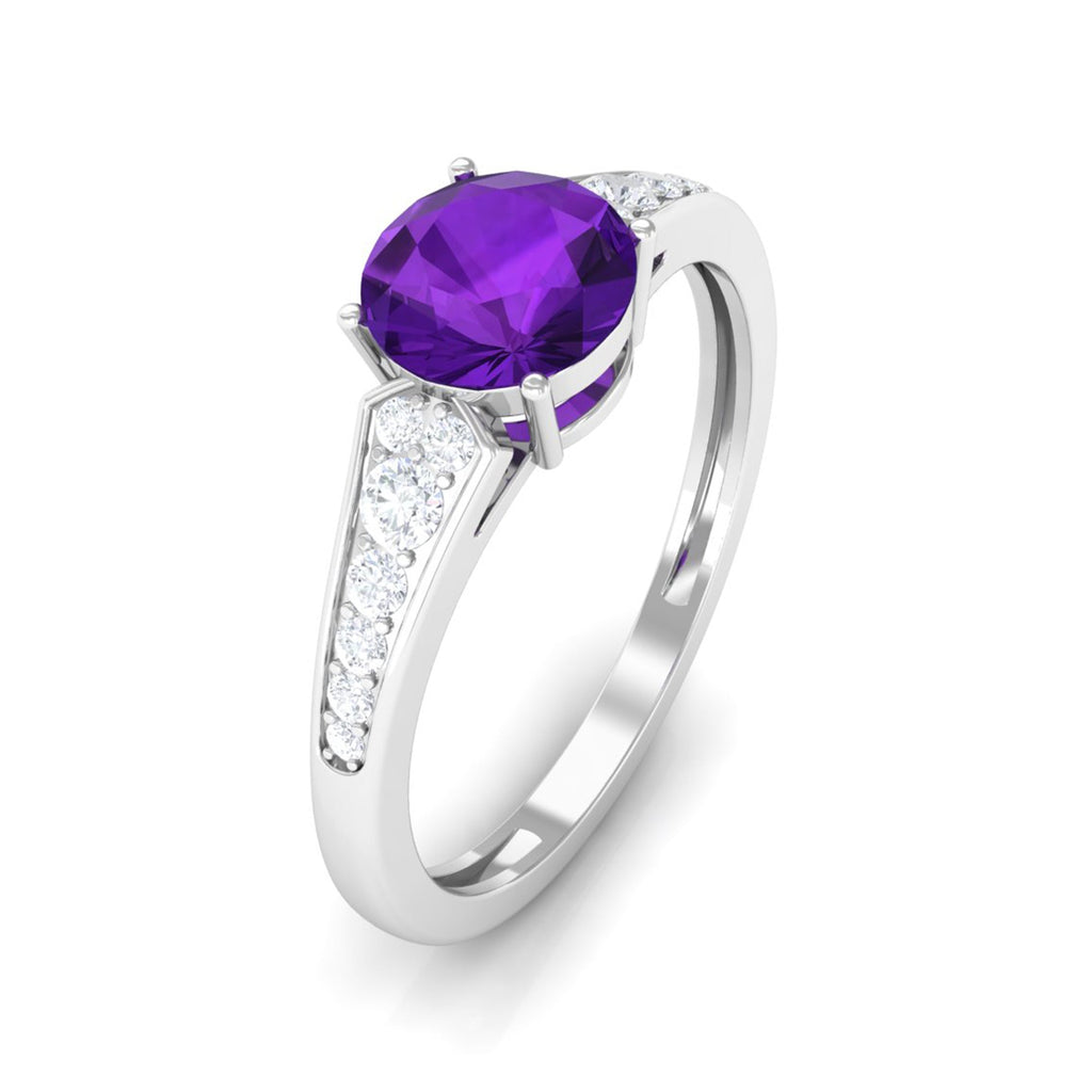 Real Amethyst Solitaire Ring with Diamond Side Stones