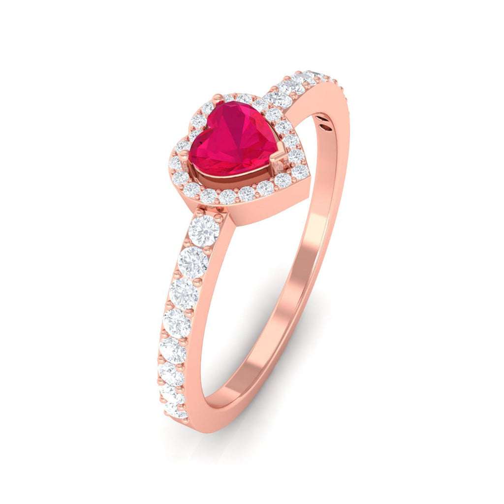 Heart Shape Ruby and Diamond Halo Engagement Ring