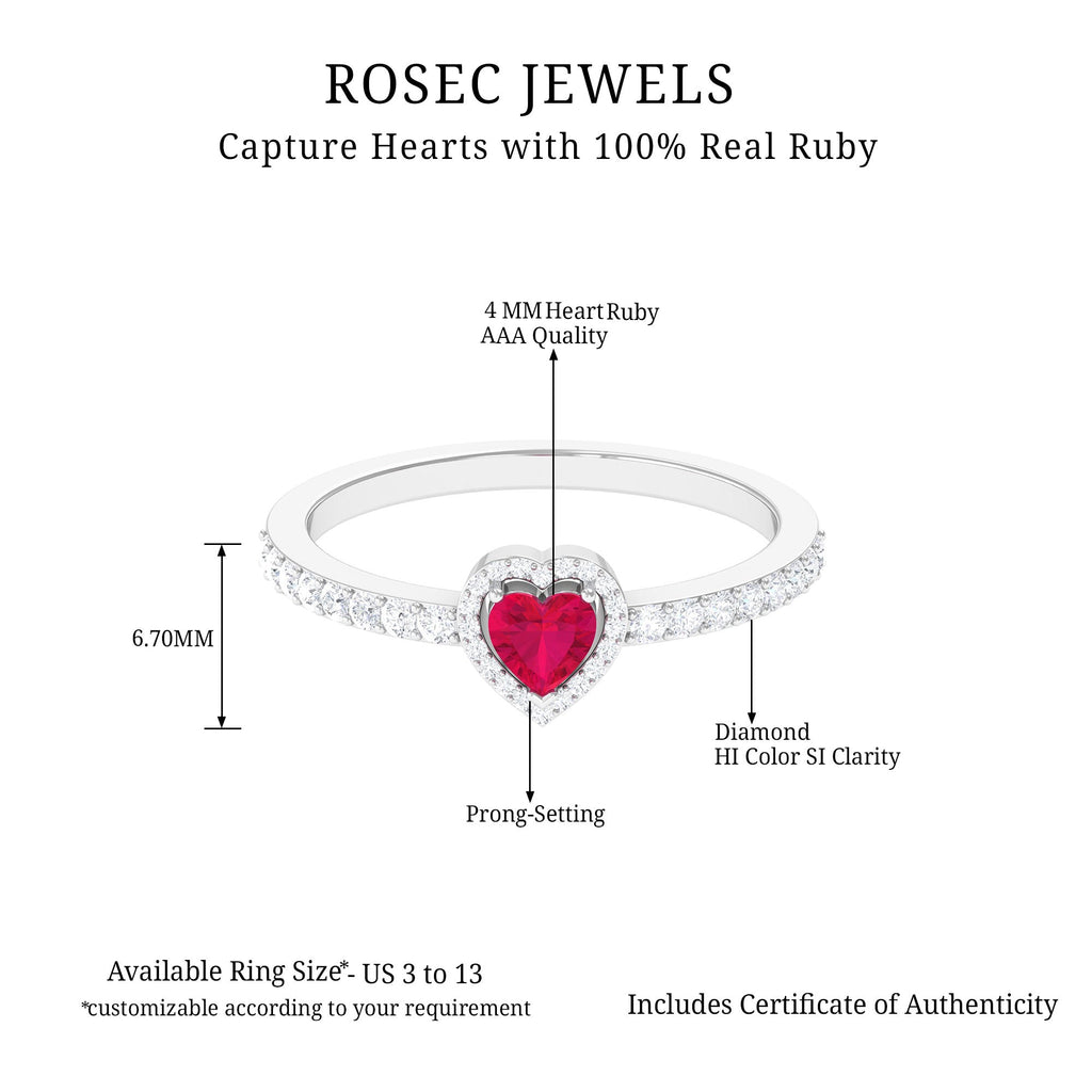 Heart Shape Ruby and Diamond Halo Engagement Ring