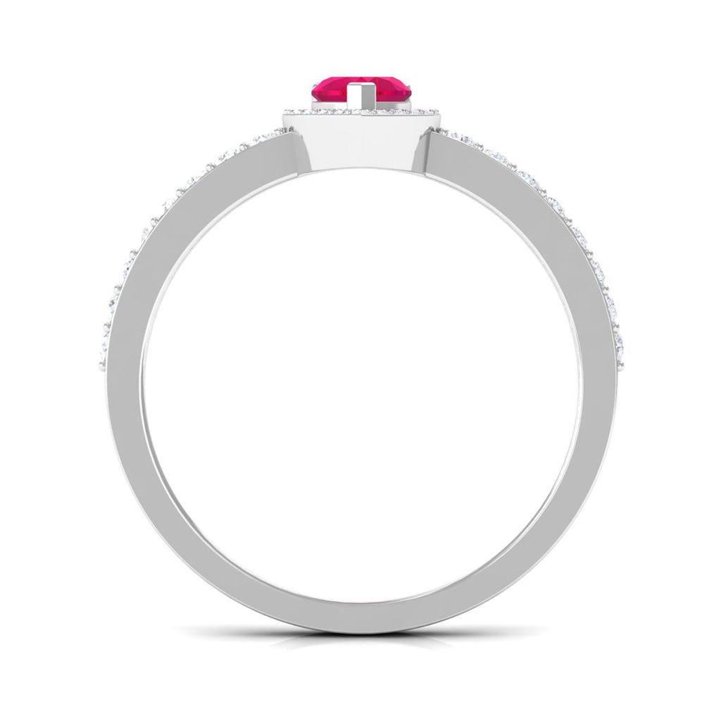 Heart Shape Ruby and Diamond Halo Engagement Ring