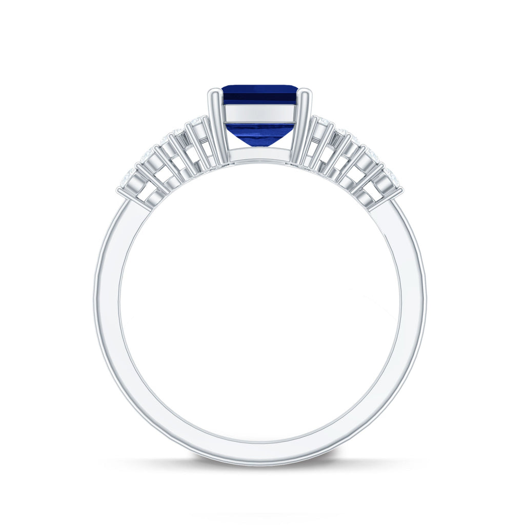 6X8mm Emerald Cut Lab Created Blue Sapphire Vintage Inspired Engagement Ring with Diamond