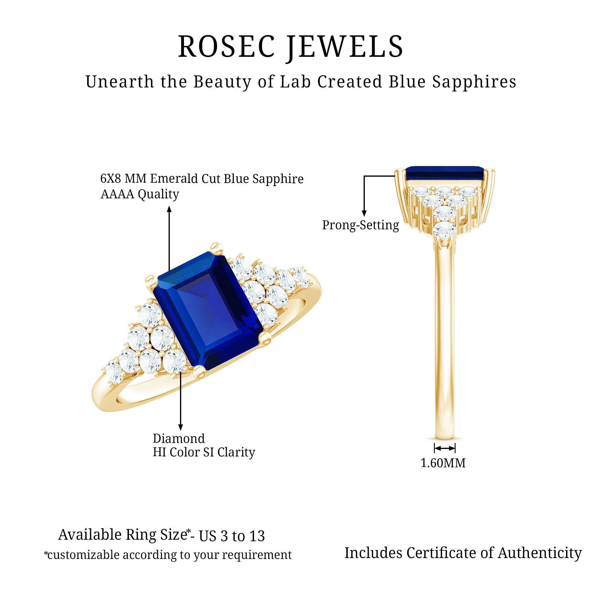 6X8mm Emerald Cut Lab Created Blue Sapphire Vintage Inspired Engagement Ring with Diamond