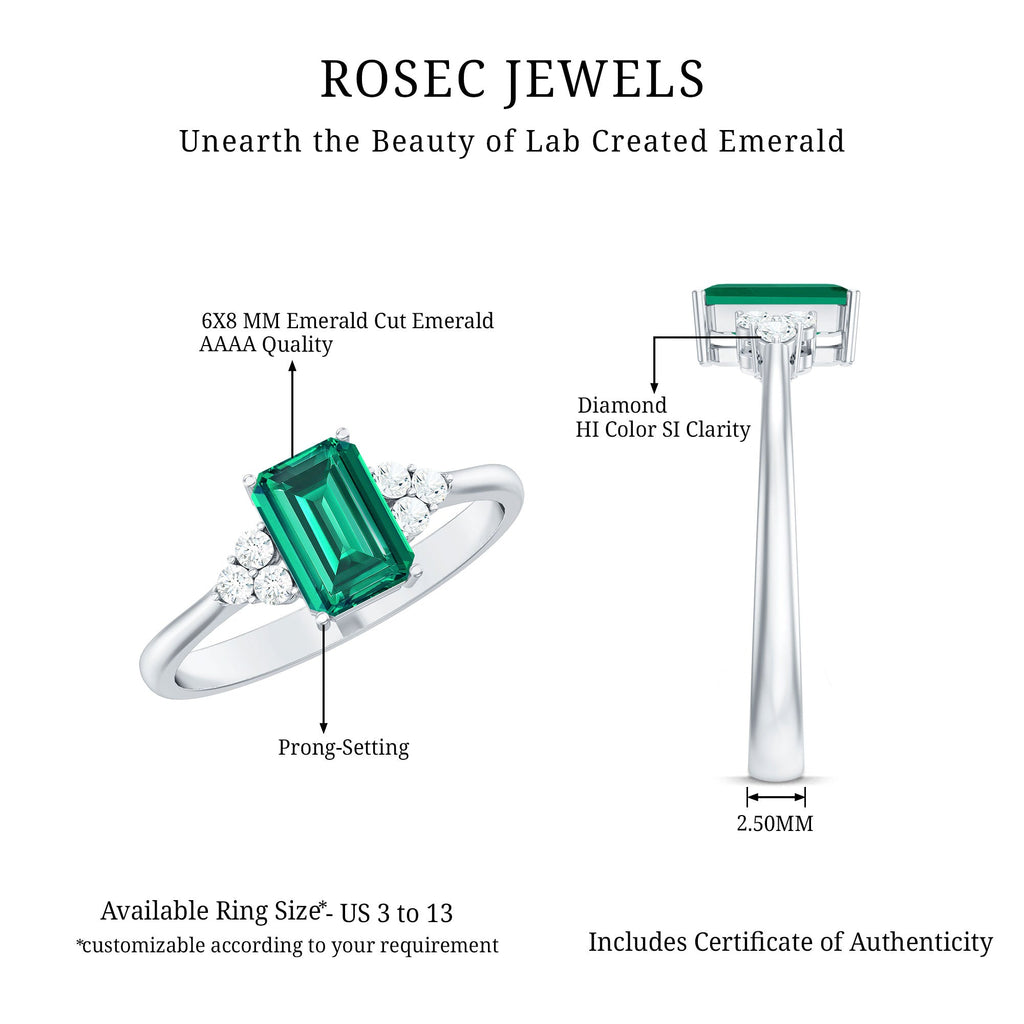 Certified 6X8 mm Lab Grown Emerald Cut Emerald Engagement Ring with Diamond Trio