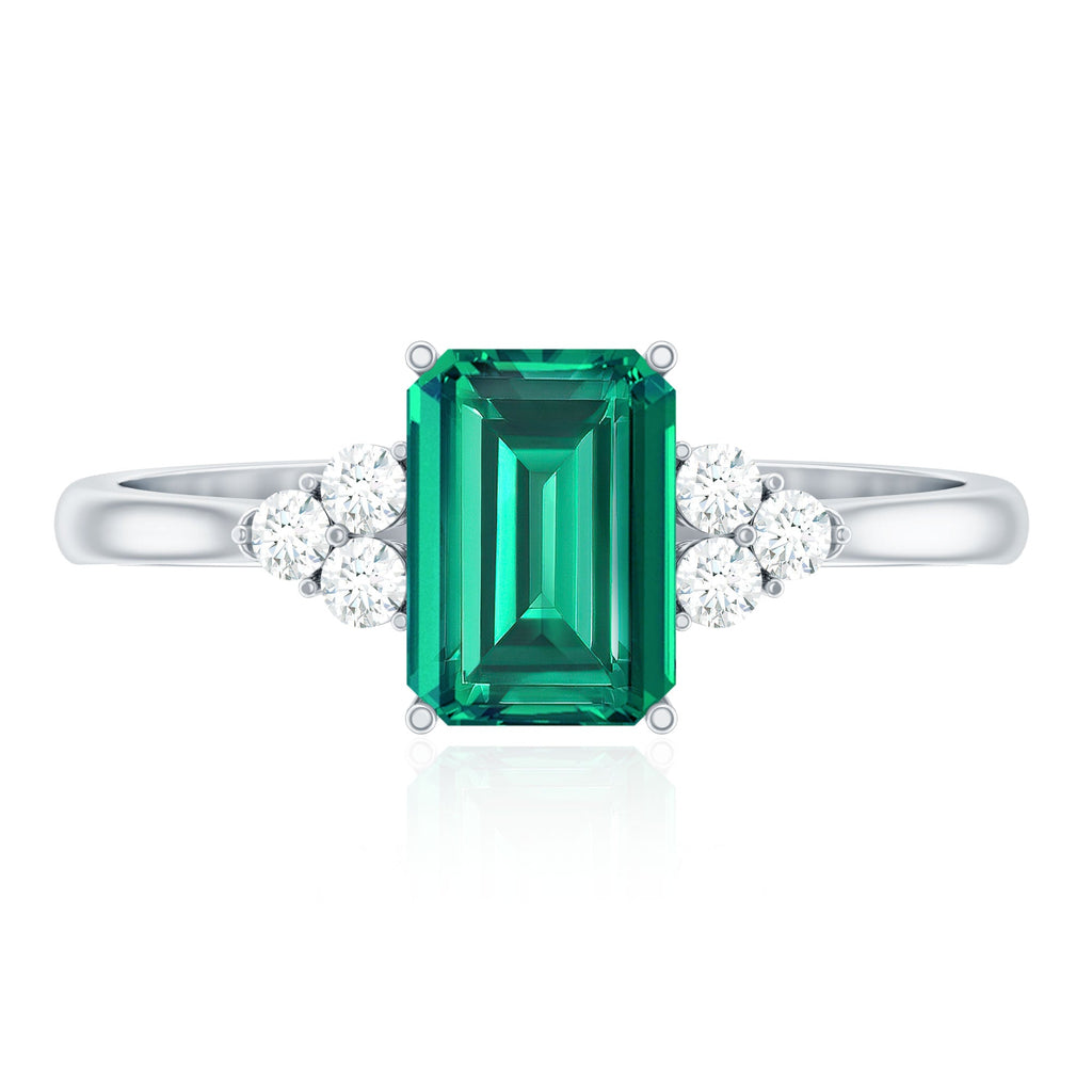 Certified 6X8 mm Lab Grown Emerald Cut Emerald Engagement Ring with Diamond Trio