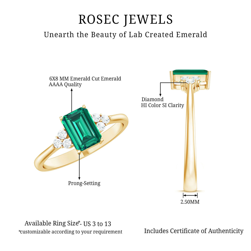 Certified 6X8 mm Lab Grown Emerald Cut Emerald Engagement Ring with Diamond Trio